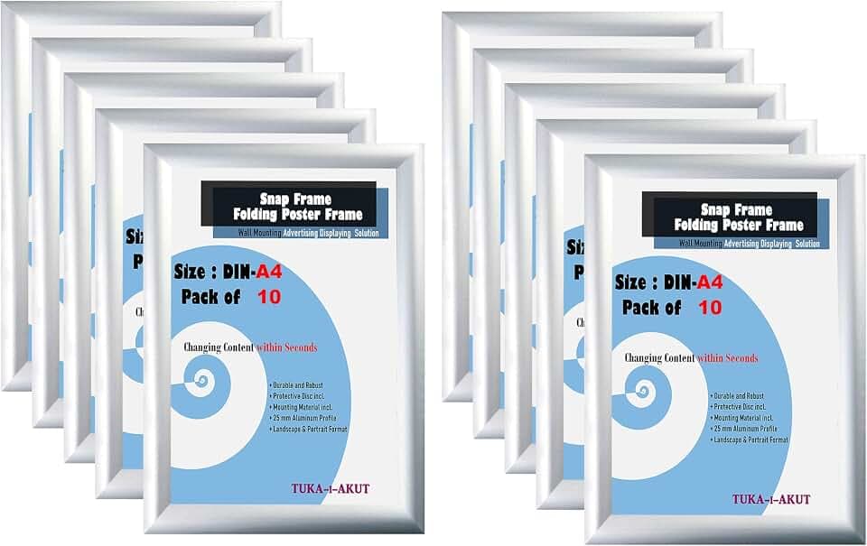 TUKA-i-AKUT 10er A4 Klapprahmen aus Aluminium 25 mm Profil, Plakatrahmen Wechselrahmen Poster Rahmen Schnapprahmen Aufklappbar mit Schutzscheibe Befestigungsmaterial, Silber Farbe, TKD8420-A4-10X