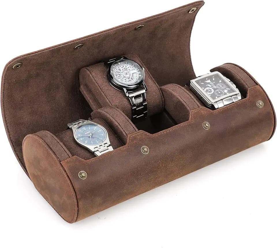 CONTACTS Uhrengehäuse aus echtem Leder, für Reisen, Jewelry Watchse Aufbewahrungsbox und zylindrische Uhrenschutzhülle, weiche Tasche (Coffee2, für 3 Uhren)