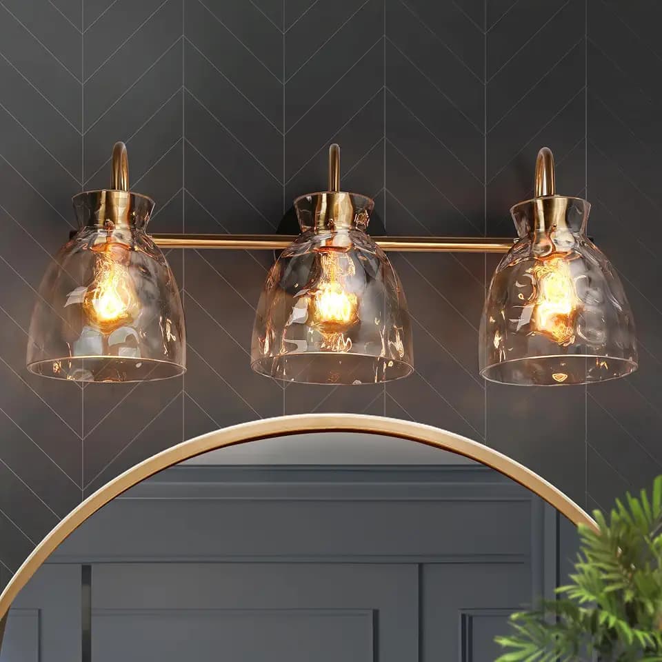 KSANA Black Gold Bathroom Light Fixtures, 3 Light Modern Vanity Lights with Textured Glass Mid-Century Bathroom Vanity Lighting for Bedroom, Kitchen, Powder Room, Black & Electroplated Brass Finish