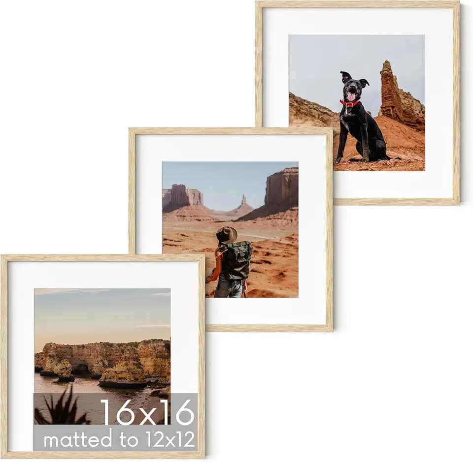 HAUS AND HUES Beige Oak Wood 16x16 Picture Frames - Set of 3, Square Frames with Mat, Elegant Frames for Wall Art (16x16 in, Beige, Set of 3)