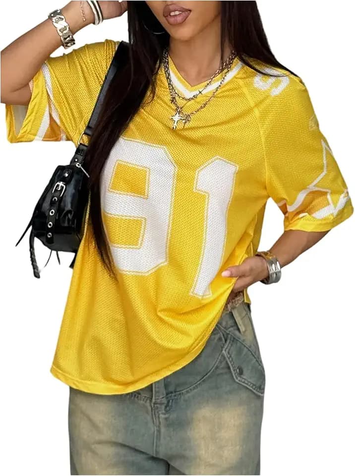 SHENHE Women's Football Jersey Top V Neck Oversized T Shirt Streetwear