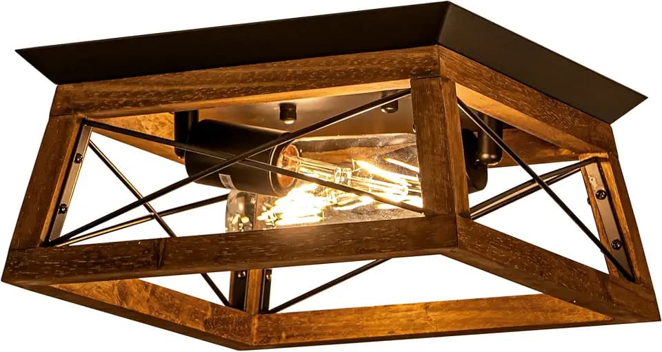 Rpzloila Farmhouse Ceiling Light, 2-Light Flush Mount Light Fixture with Metal and Wood Design, Rustic Light Fixture for Kitchen, Entryway, Hallway, Bedroom