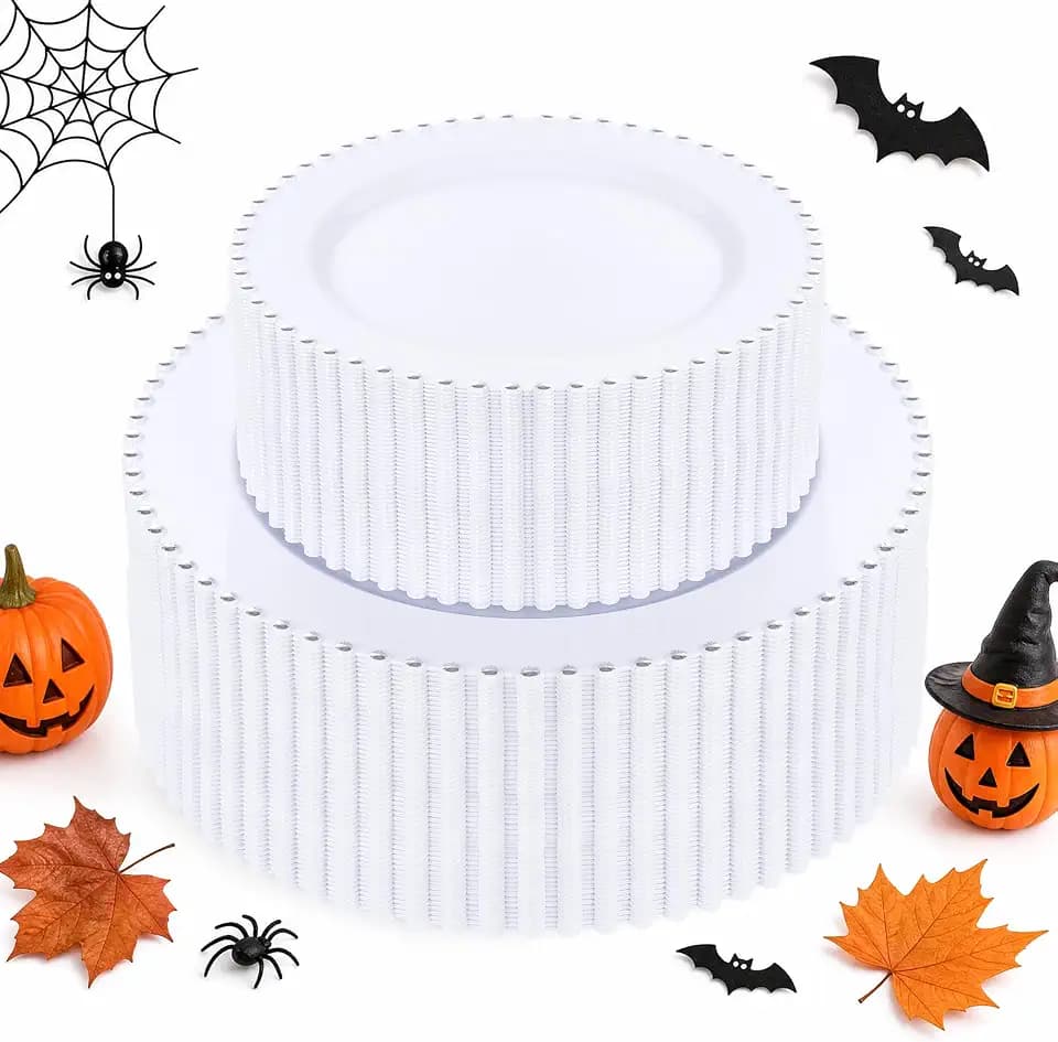 supernal 100pcs White Plastic Plates with Silver Beads for Bridal Showers