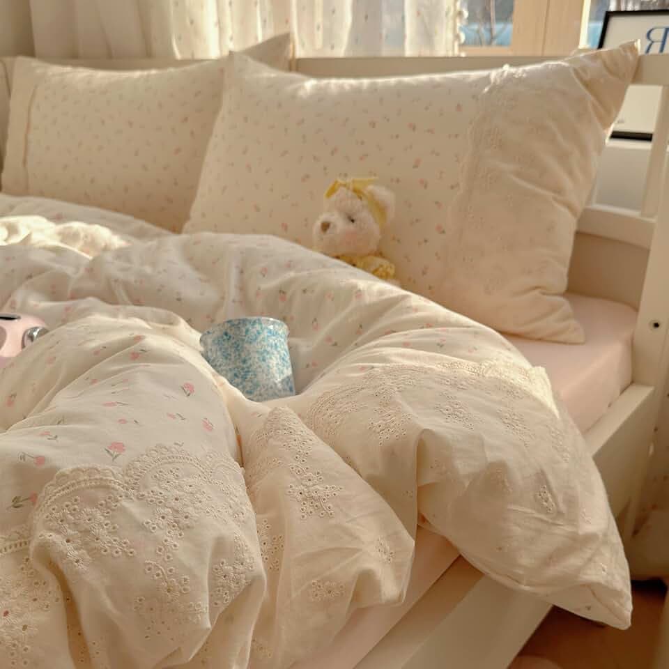 VM VOUGEMARKET Lace Duvet Cover Set Twin XL Size for Teenage Girls Pink Flower Bedding Set Soft Lightweight Washed Microfiber Romantic Princess Duvet Cover with Zipper Ties-68"x90"