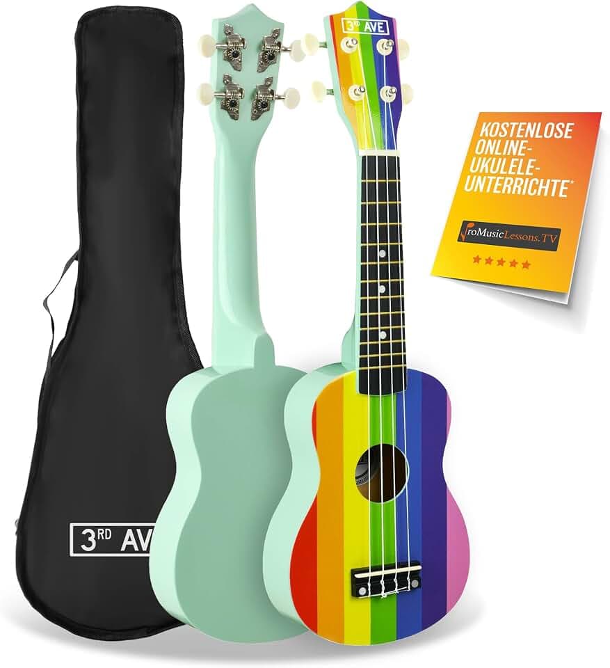 3rd Avenue Sopran-Ukulele 21 Zoll mit Tasche, Regenbogen