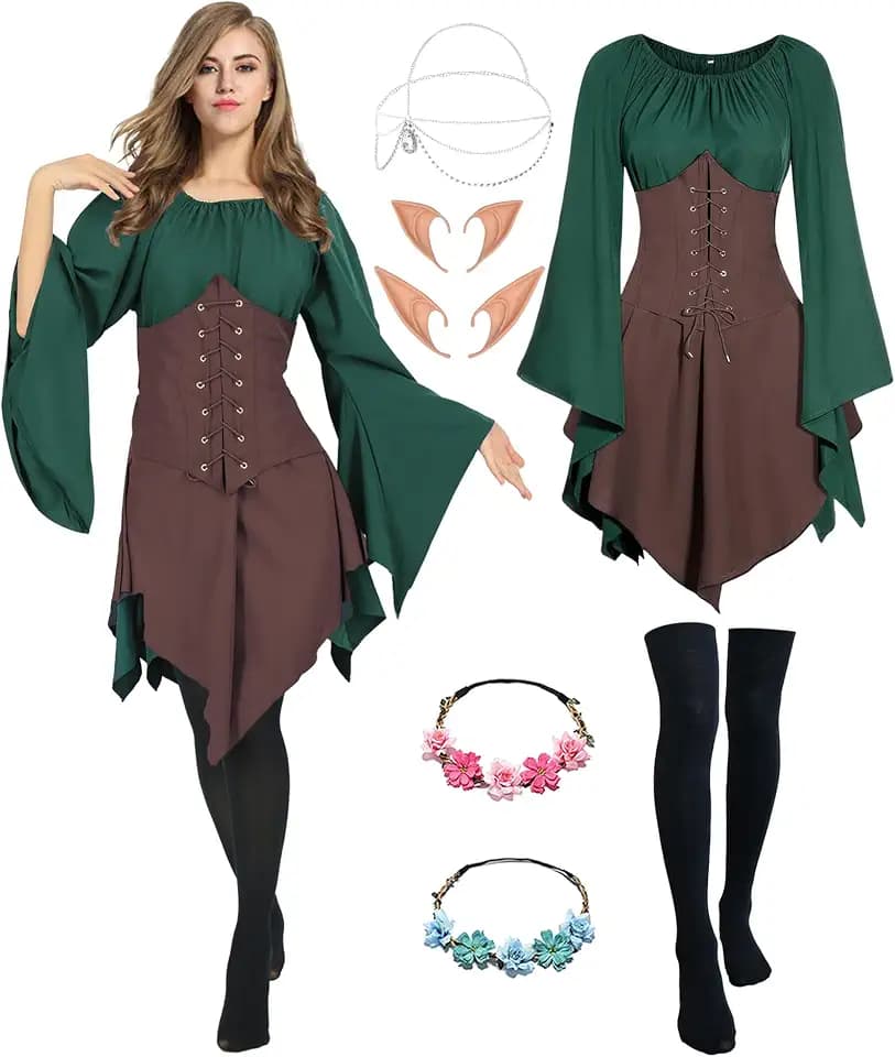 Mittelalter Renaissance Kostüme Kleid Damen Trompetenärmel Gothic Retro Kleidung Karneval Kostüm Piraten Elfen Cosplay Outfit mit Elfenohren Haarschmuck Overknee Socken für Fasching Halloween
