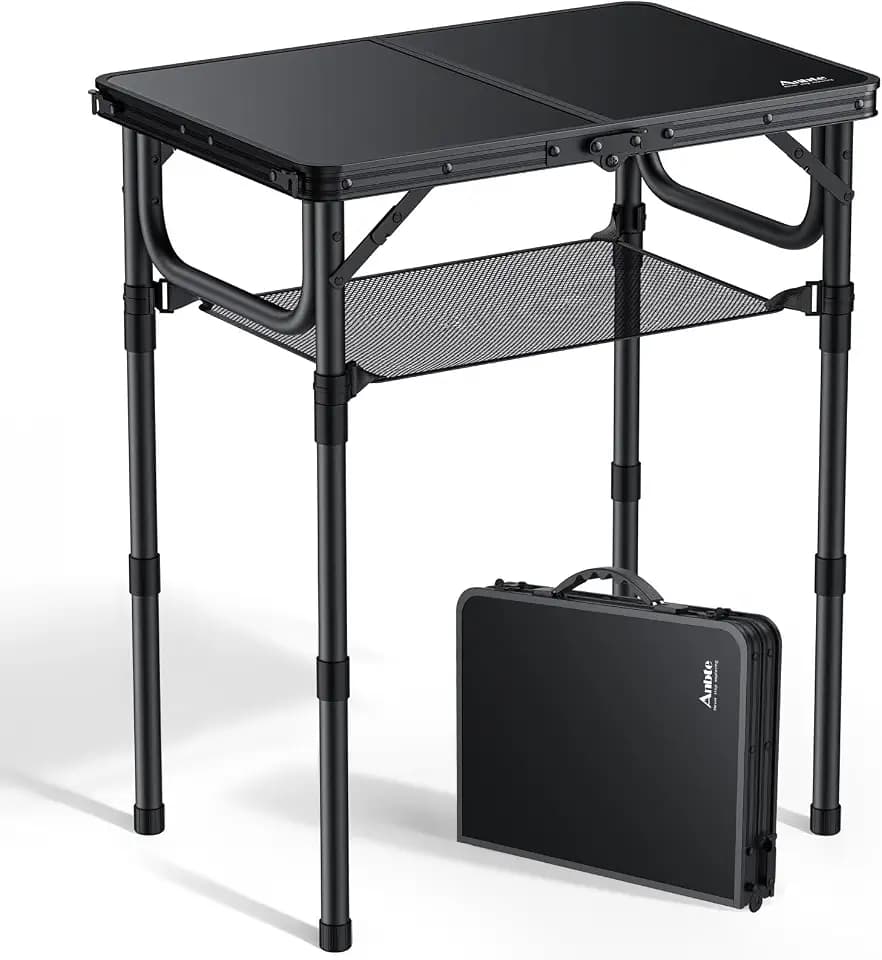 Anbte Campingtisch Klappbar 60x40cm Aluminium Rahmen 3 Höhenverstellbar 26/48/70cm Koffertisch mit Aufbewahrungsnetz Tragbar Picknicktisch für Camping Strand Balkon (Ganz Schwarz)