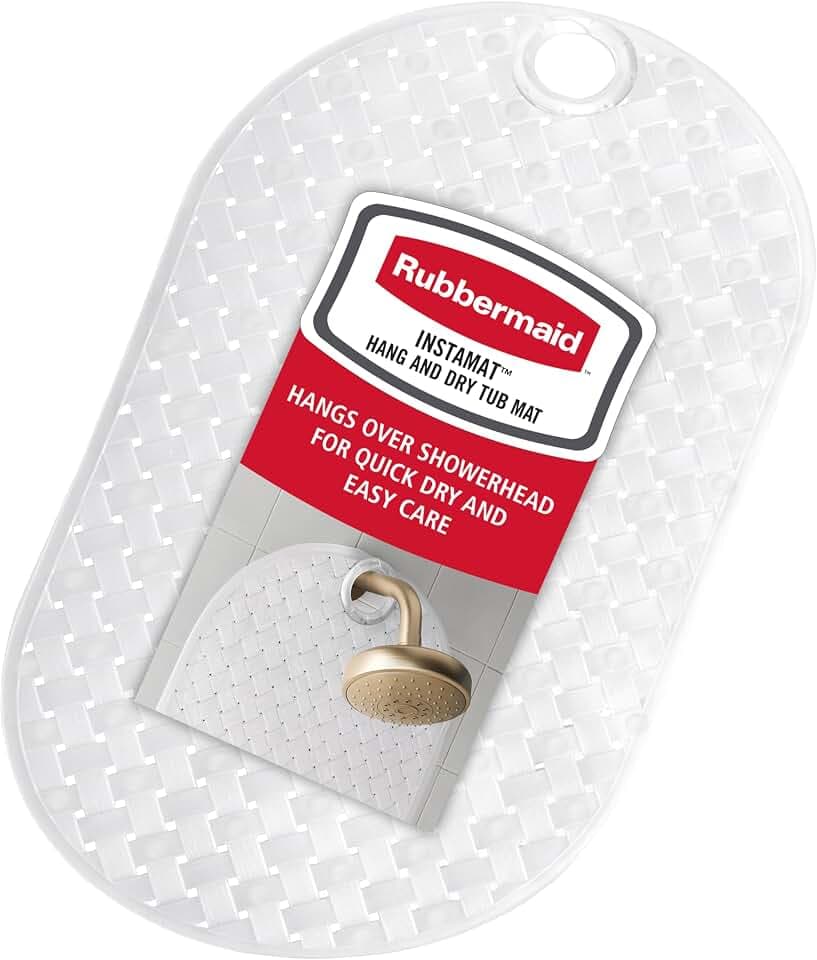 Rubbermaid INSTAMAT Bath Tub Shower Mat, Non-Slip Tub Mat with Suction Cups, Bath Mat Hangs on Showerhead for Quick Dry, 27.2 x 15.2 Inch, BPA-Free, Easy to Clean, for Inside Tub or Shower, Clear