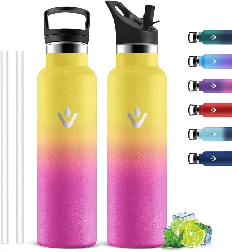 Trinkflasche 1l Edelstahl, Thermosflasche mit Strohhalm, Auslaufsicher Trinkflasche Sport, mit 2 Deckel, BPA-frei Thermosflasche, Isolierte Wasserflasche für Wandern, Joggen, Fahrrad