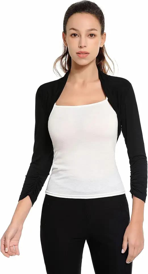 AmélieBoutik Women Ruched 3/4 Sleeve Bolero Cropped Cardigan Shrug
