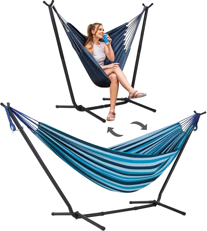 SUNCREAT 2-in-1 Convertible Backyard Fabric Hammock with Stand, Blue Stripe