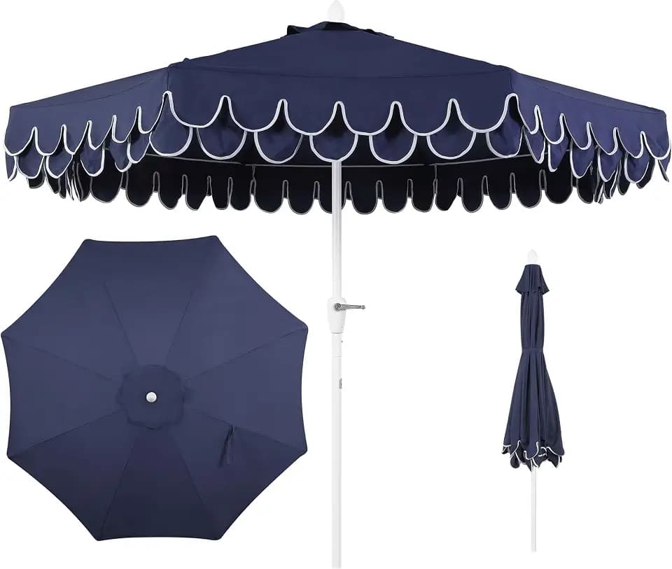 JONATHAN Y Tracy 9' Scalloped Market Patio Umbrella, Navy/White