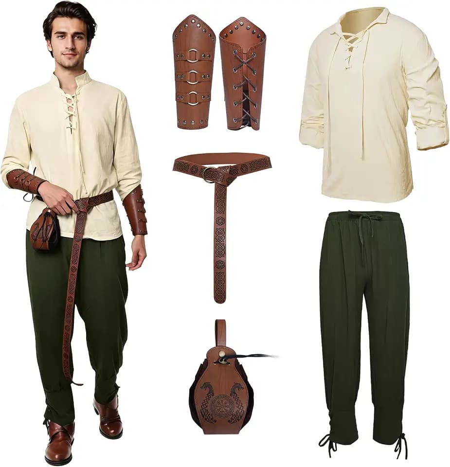 5 Pcs Men's Medieval Renaissance Pirate Costume set for Halloween