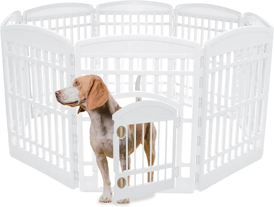 Iris Ohyama Welpenauslauf mit 8 Paneelen und abschließbarer Tür, H90cm, Weiß, Katzengehege, Hundebox, Für Outdoor, Indoor, Welpenlaufstall, Hundezaun, Welpenzaun, Laufstall Hund, CI-908