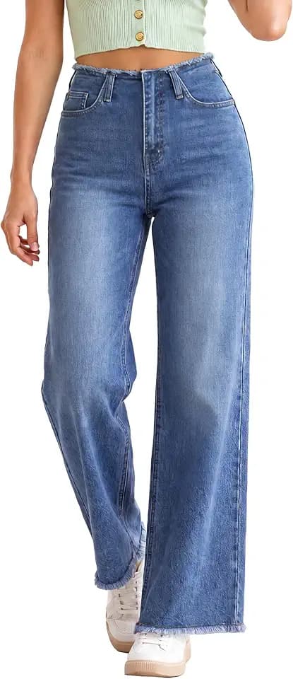 EMMIOL Women Wide Leg Jeans Mid High Waist Stretchy Baggy Denim Pants