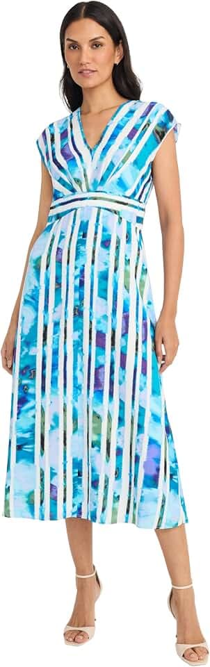 Maggy London Women's Women's Empire Waist Cap Sleeve V-Neck Midi - Elegant A-line Wedding Guest Dress