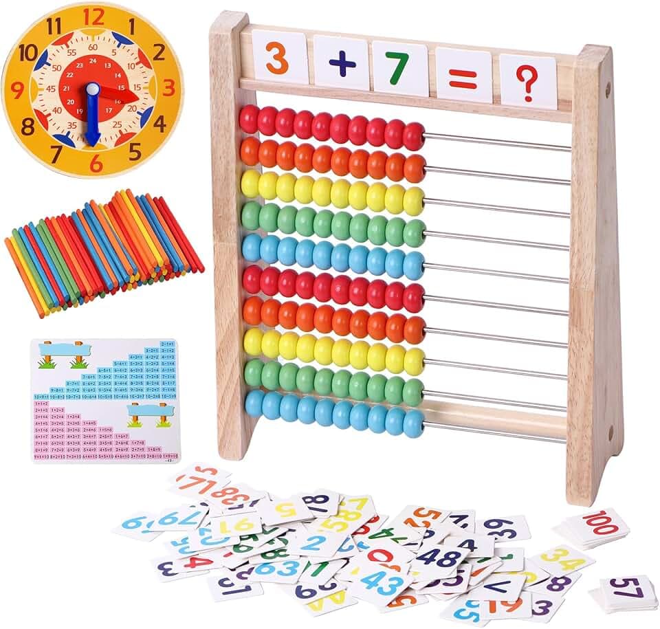 Rechenrahmen Kinder, Mathe Lernset mit Zählstäben, Zahlenkarten und Lernuhr