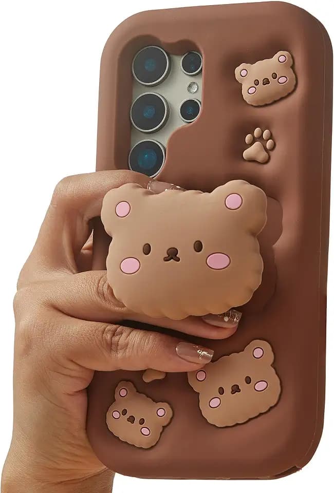 Kawaii 3D Teddy Bear Pop-Up Stand and Grip Phone Case for Samsung Galaxy S23 Ultra, Cute Cartoon Animal Phone Cover for Girls, Boys, Kids, Teens, and Womens