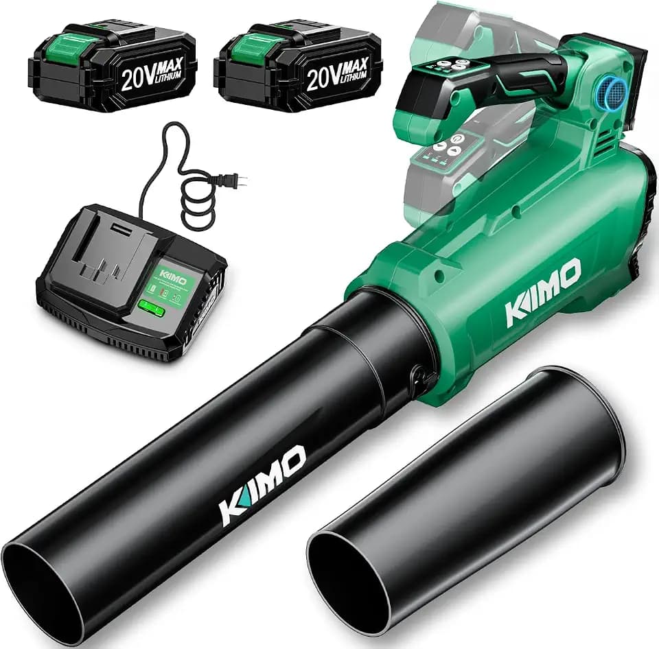 KIMO Leaf Blower Cordless with Battery and Charger, 800CFM/300MPH, Precision Adjustment Handle, 3Speeds w/ Visual Panel, Lightweight, 2 Extended Tube, 2* 2.0 Battery Powered Leaf Blowers for Lawn Care