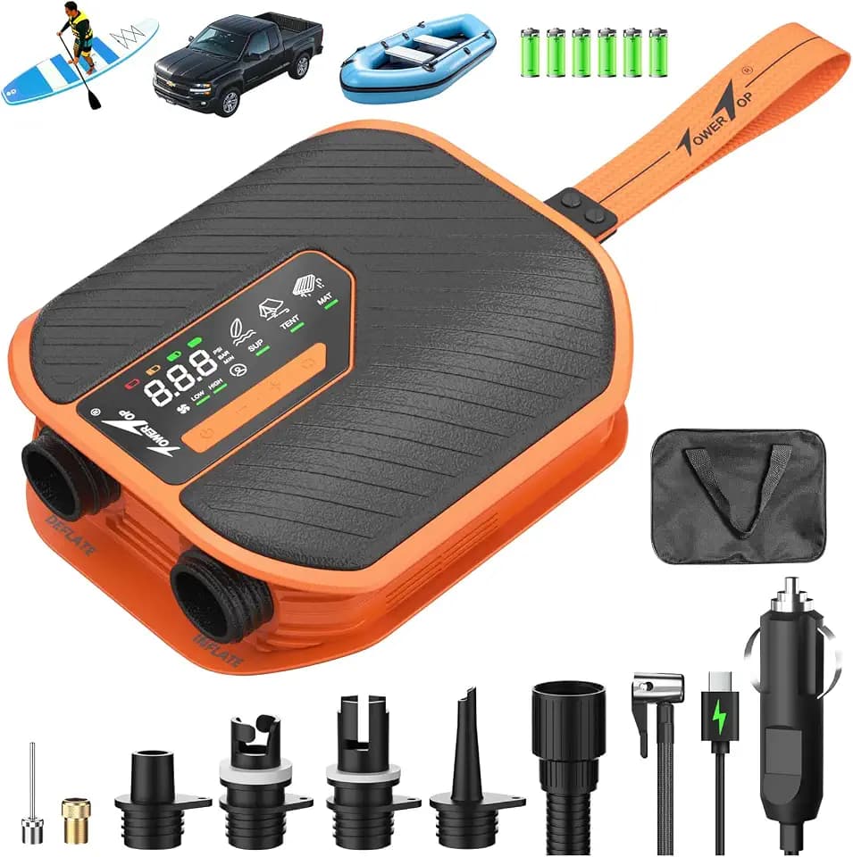 TowerTop Sup Pumpe Akku: 10500mAh Akku Pumpe für Auto/SUP, 50 PSI Stand Up Paddle Pumpe, 12V DC Zweistufenpumpe (Auf- und Ablassen) mit 8 Düsen für Paddleboards, aufblasbare Artikel, Kajaks und Autos