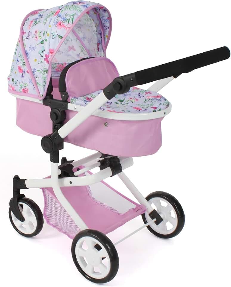 Bayer Chic 2000 Kombi-Puppenwagen Mika 2-in-1, faltbar, 47–80 cm, Flowers Rosa