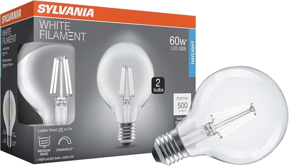 Sylvania G25 Clear Globe LED White Filament Bulb, 5W, Dimmable, 500 LMS, Medium Base, 5000K, Daylight - 2 Pack (42177)