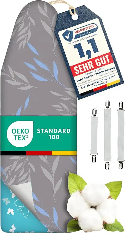 Super Soft Turbo-Bügelbrettbezug 120x40, Made in Germany, ÖKOTEX Baumwoll-Polsterung, schneller mit Thermoreflexion, 5 Größen, EasyFit+Spanner, L Fläche 116-120x38-40cm