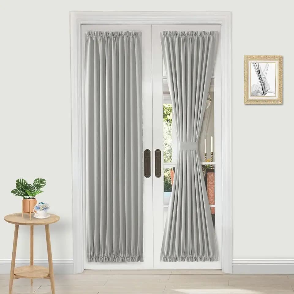 DWCN French Door Curtains – Rod Pocket Thermal Blackout Curtain for Doors with Glass Window, Kitchen and Patio Doors for Privacy, 36 X 72 Inches Long, 1 Curtain Panel with Tieback,Silver Grey