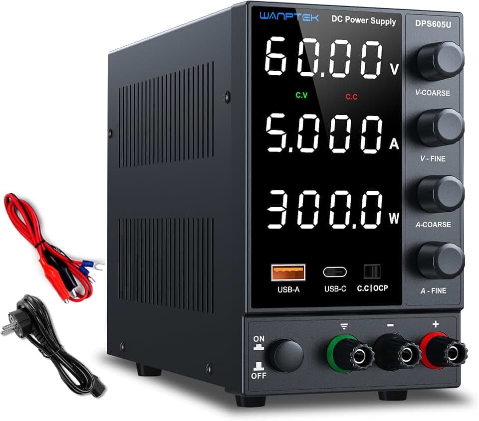 Labornetzteil 60V 5A, Labornetzgerät mit OCP-Schutz/USB-A/Type-C Schnellladeanschluss, Variables DC Netzgerät Regelbar mit 4-Stellige LED-Anzeige Gebereinstellknopf
