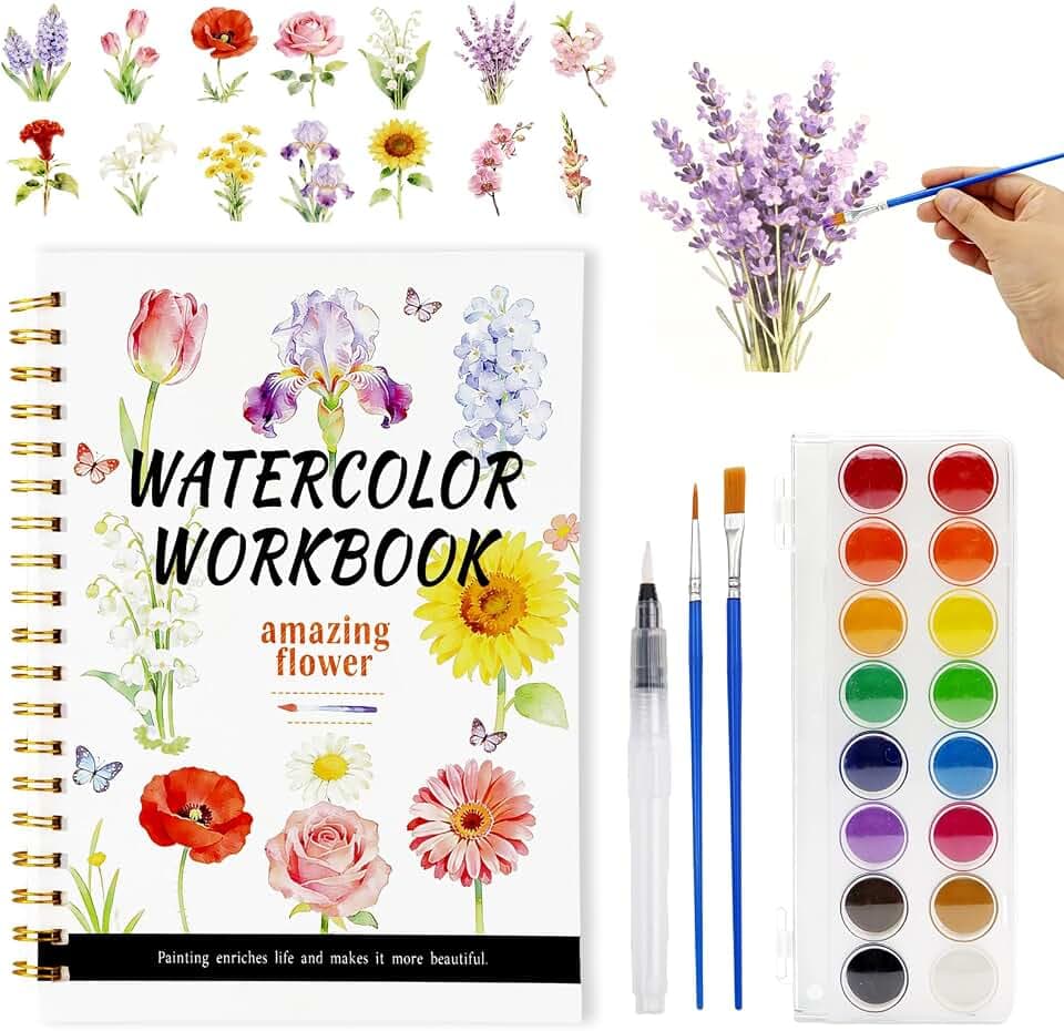 Aquarell Malbuch für Erwachsene – Aquarell Arbeitsbuch mit 14 Motiven, 16 Aquarellfarben, 3 Pinseln & Farbmischanleitung – Großes 200GSM Papier für Anfänger, Malbuch für Erwachsene & Kreative