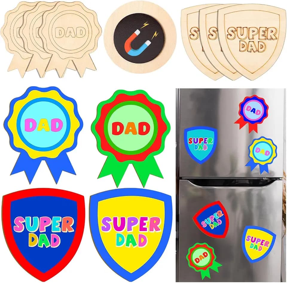 Kingdder 6 Pcs Father's Day Crafts Fridge Magnet Wooden Paint Your Own Happy DIY Coloring Magnetic Refrigerator Fridge for Classroom Favors Supplies Home School Activities Decors(Badge Style)