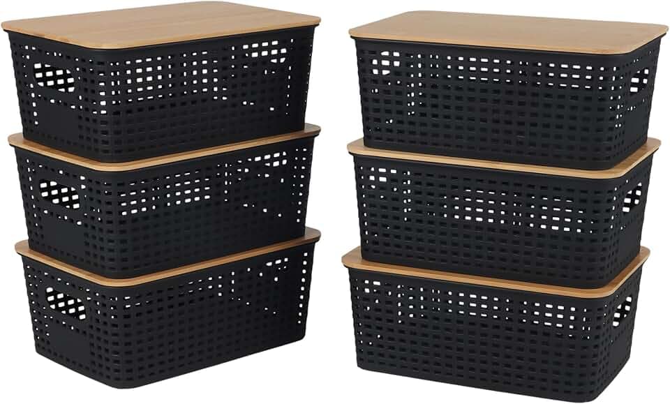 Relaxdays Aufbewahrungsbox, 6er Set, mit Deckel, schwarz