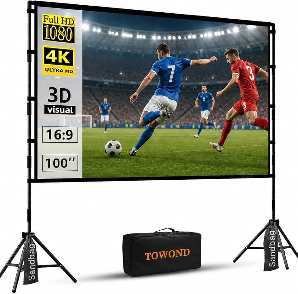 TOWOND Projector Screen with Stand, 100 inch Outdoor Projector Screen Portable Indoor Projection Screen 16:9 4K Rear Front Movie Screen with Carry Bag for Home Backyard Theater 100 inch