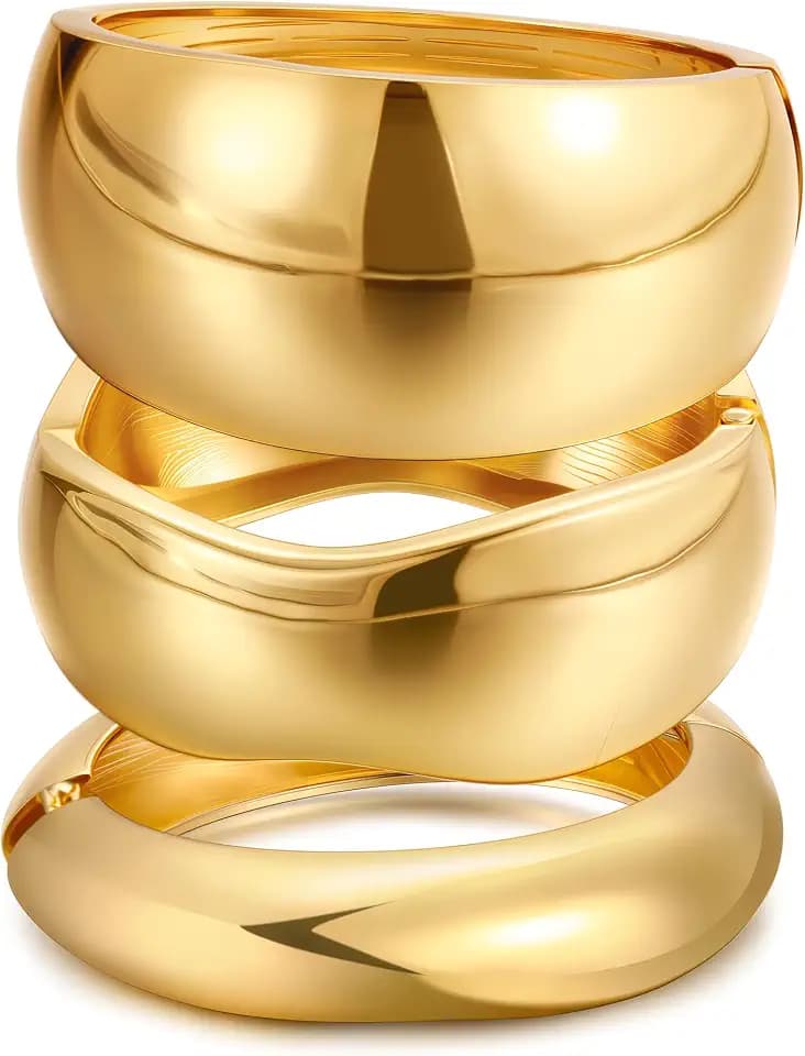 Chunky Gold Bangle Bracelets for Women, Dainty 14k Gold Plated Big Stackable Bangles Set, Trendy Statement Cuff Bracelet Stack Fashion Jewelry Gifts