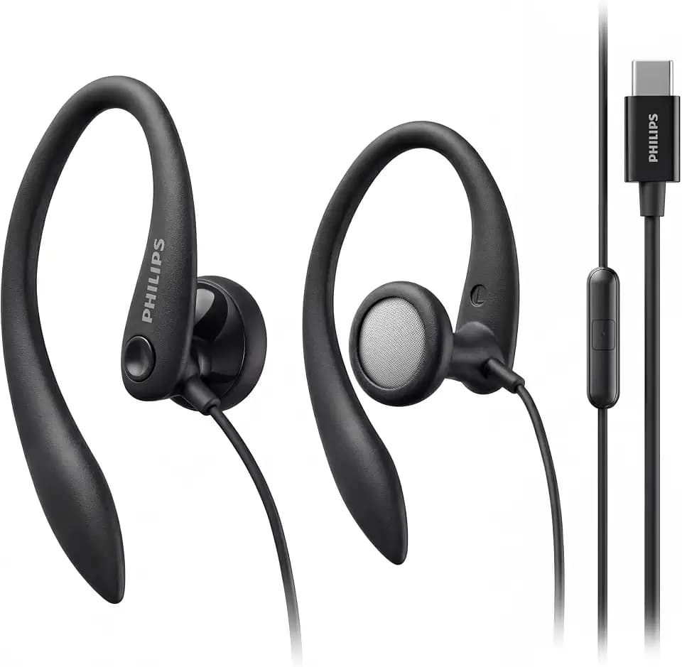 PHILIPS USB-C Wired Earbuds with Microphone, Secure Fit Over-Ear Sport Earhooks, Deep Bass 15mm Drivers, in-Line Controls, Plug-and-Play USB-C Earphones, Wired Open Ear Headphones for Running & Gym