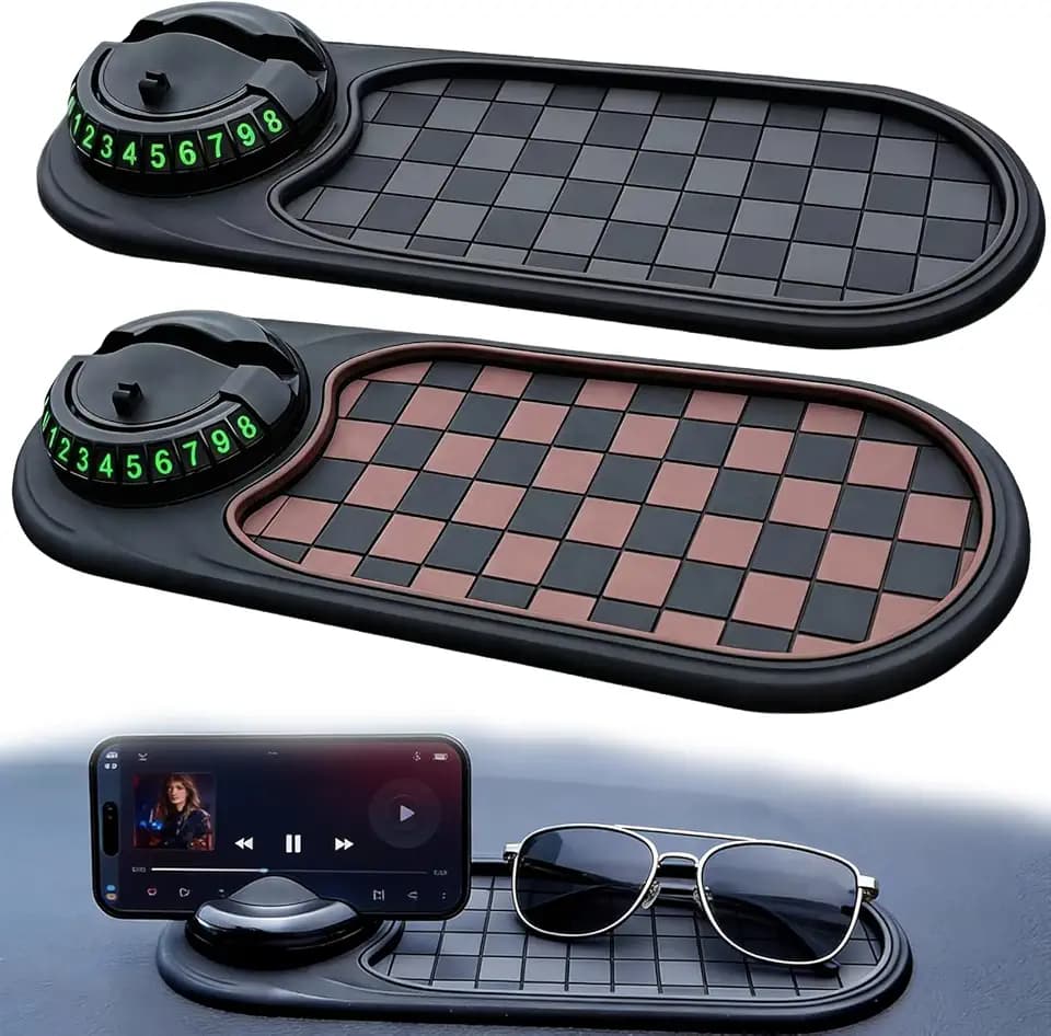 2 Pack Car Anti-Slip Dashboard Mat, Phone Holder, Parking Number, Organizer