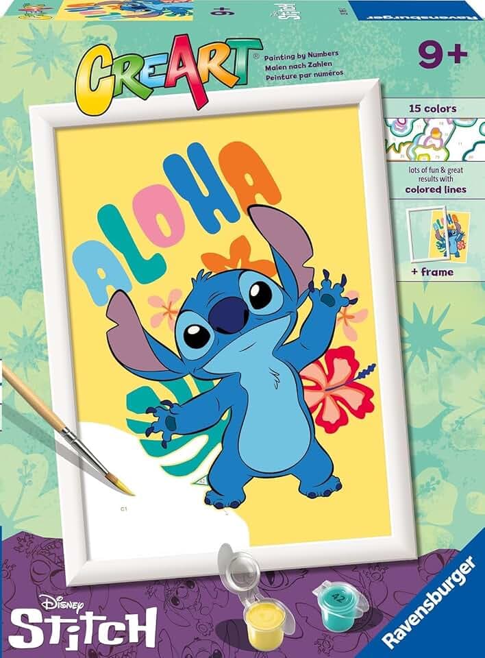Ravensburger CreArt: Aloha Stich — Malen mit Zahlen für Kinder ab 9 Jahren, Malset mit Brettern, Rahmen, Pinsel und Farben im Lieferumfang enthalten, 25 x 18,30 cm, Disney Geschenkideen