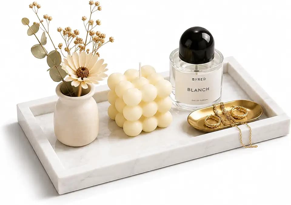Italy Marble Vanity Tray for Jewelry, Perfume, Makeup, Candle,Towel Natural Modern Decorative Trays for Bathroom Bedroom Dresser Rectangle Kitchen Storage Organizer for Home Decor White (FX031)