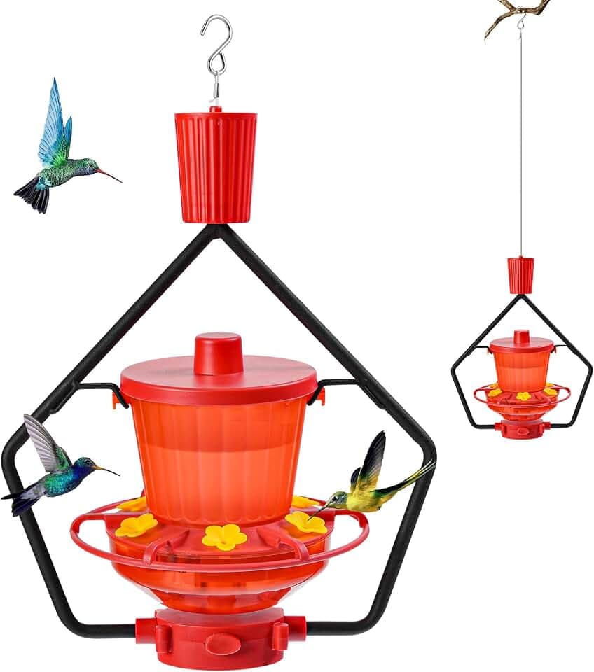 Retractable Hummingbird Feeder – 6 Feeding Ports, Leak-Proof, Ant & Bee Proof, Easy Top-Fill & Easy to Clean, Durable ASA Plastic, 18.5 oz Capacity, Adjustable Hanging System with 44" Extension(Red)