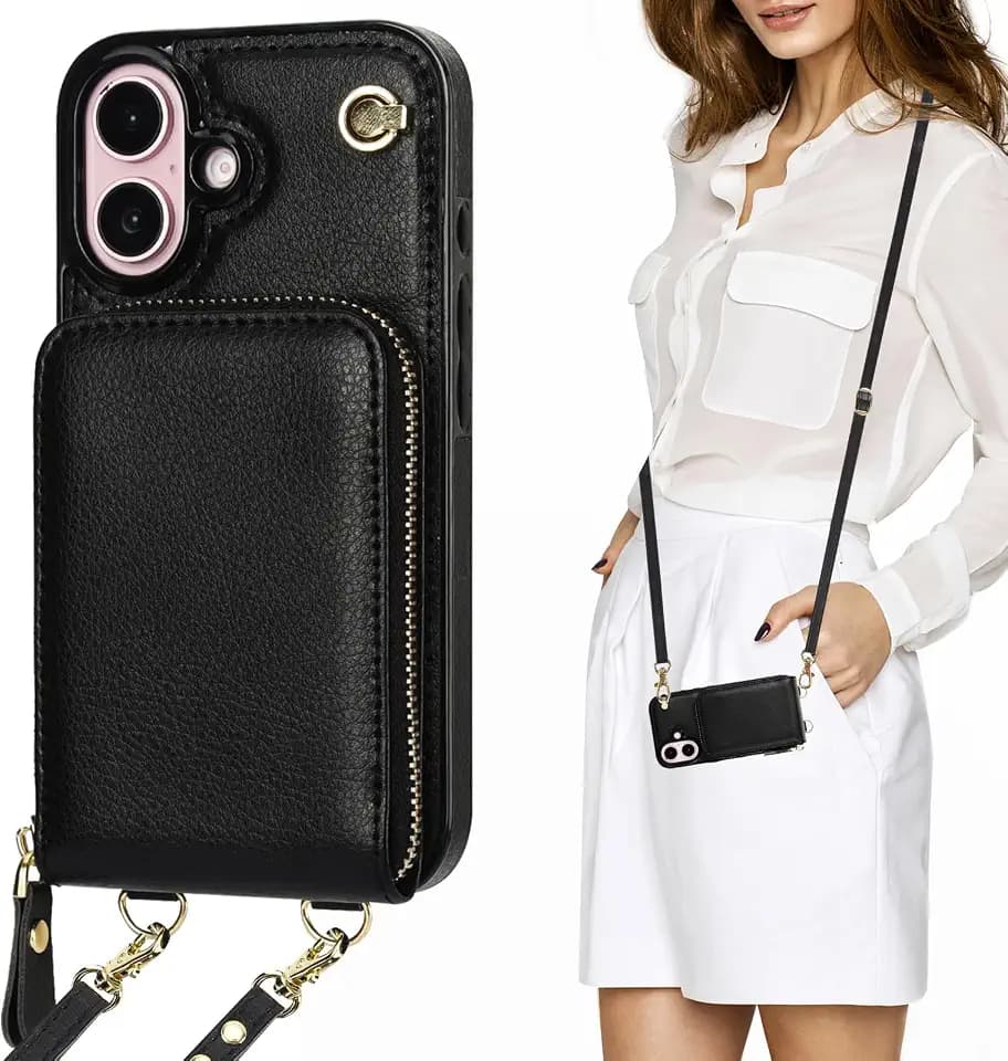 KIHUWEY Crossbody Wallet Case for iPhone 16 Strap, Black