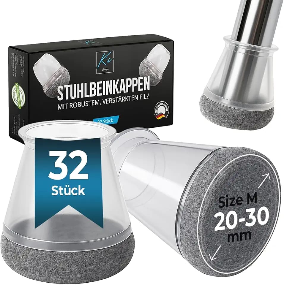 Stuhlbeinkappen Rund, 32 Stück, Filzgleiter für Stühle, Ø20-30mm, Schutzkappen für Stuhlbeine, Stuhlbeinschoner, Bodenschoner für Stühle mit Filz, Gleiter für Stuhl, Gleiter Transparent
