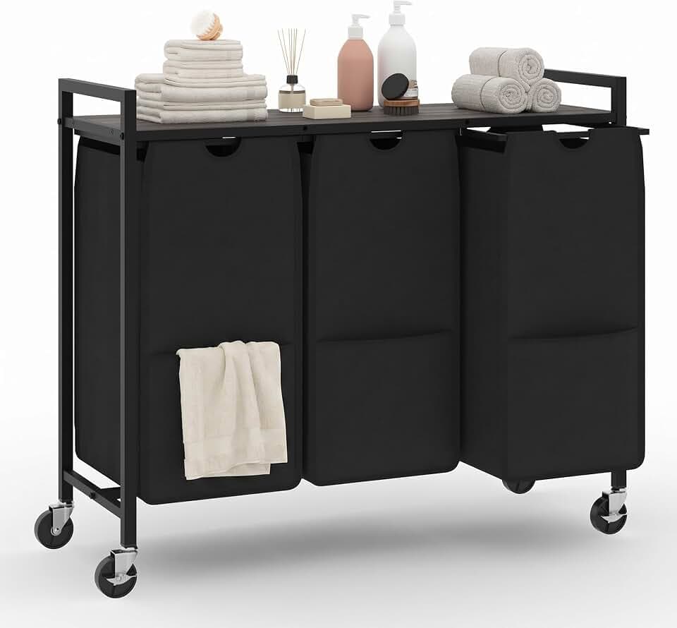 Garvee Rolling Laundry Hamper with Shelf, 3-Section Laundry Sorter with Removable Bags & Wheels, Heavy Duty Clothes Basket Organizer for Laundry Room, Bathroom, Bedroom, Greige & Black, 120L