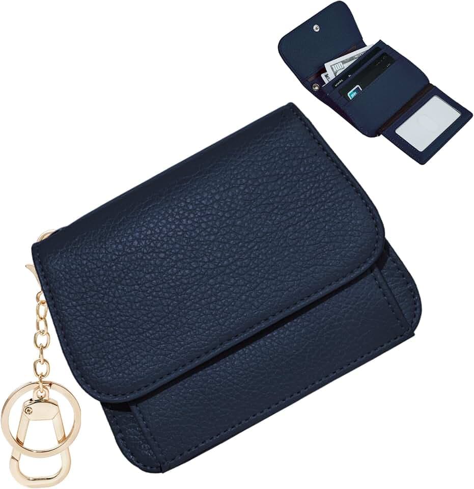 Women Small Wallet RFID Blocking Slim Wallet with Coin Pocket Tri-Fold Credit Card Holder with ID Window and Keychain(Navy Blue)