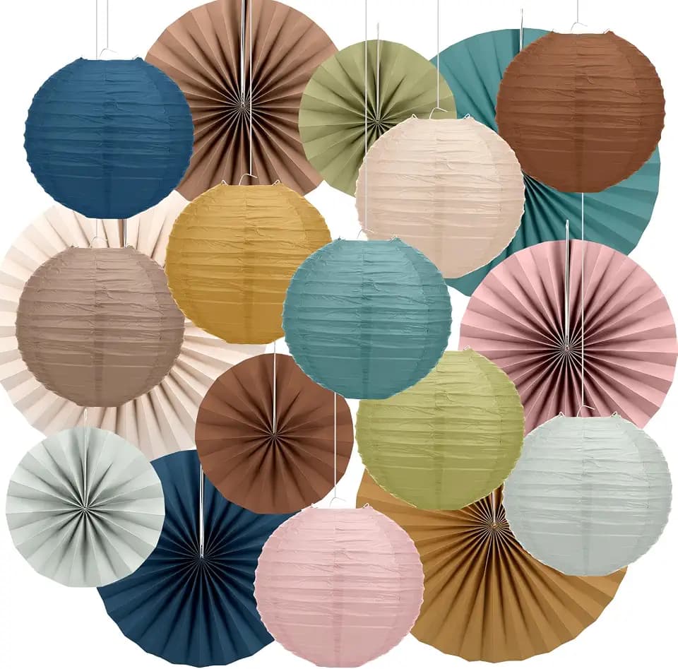 Wavwavw 18 Pcs Boho Hanging Paper Lanterns & Fans, Classroom Party Decor
