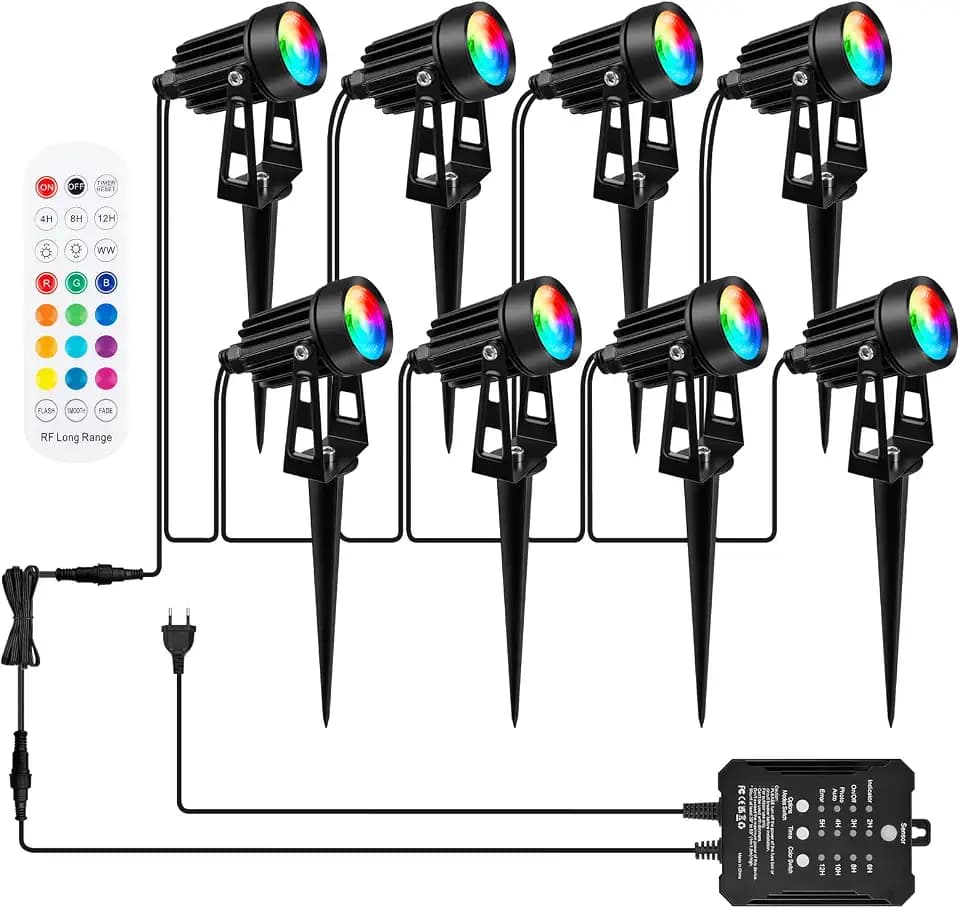 COOLWEST RGB Gartenstrahler mit Fernbedienung und Lichtsensor, 20M/8er Set Strahler IP65 Wasserdichte Gartenbeleuchtung mit Strom, 24V gartenleuchten mit Timer für Garten, Bäume, Wege, Dimmbar