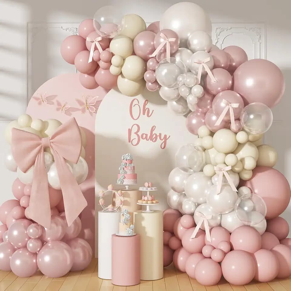 Pearl Dusty Pink Balloon Arch, Boho Double Stuffed Blush Pink Pearl White Balloons, Neutral Dusty Rose Ivory Clear Balloon Garland for Wedding Engagement Baby Bridal Shower Birthday Party Decorations