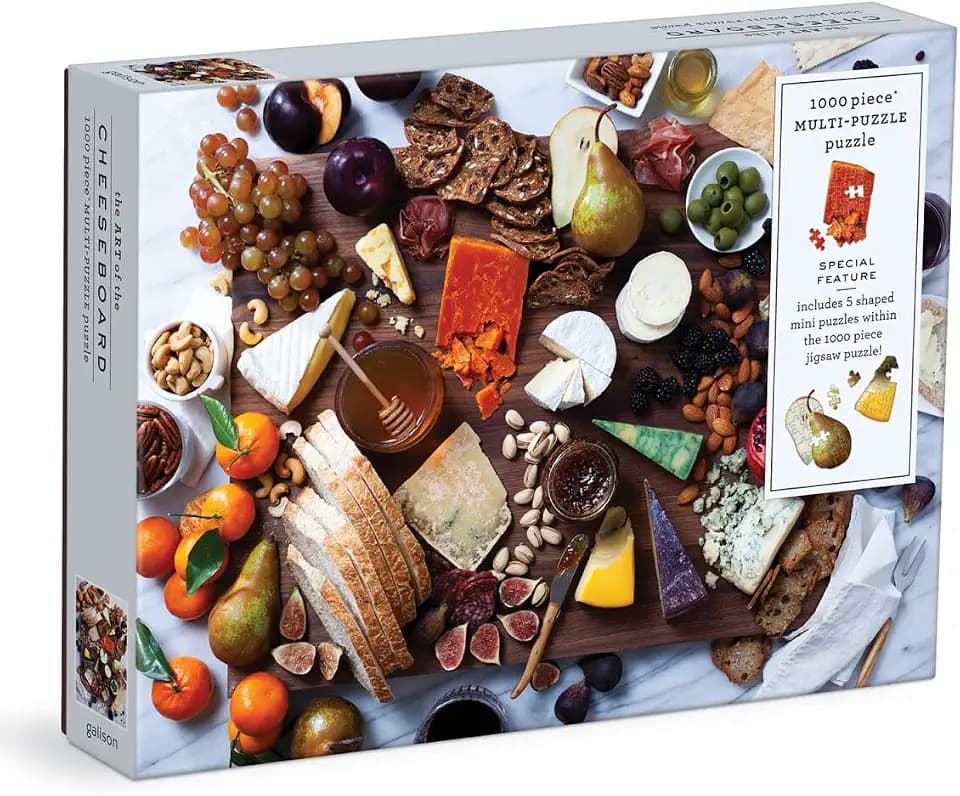 Galison The Art of the Cheeseboard 1000 Piece Multi-Puzzle Jigsaw Puzzle - 5 Mini Shaped Puzzles Within, Beautiful Art by Julie Seabrook Ream, Thick and Sturdy Pieces, Fun and Challenging for Adults