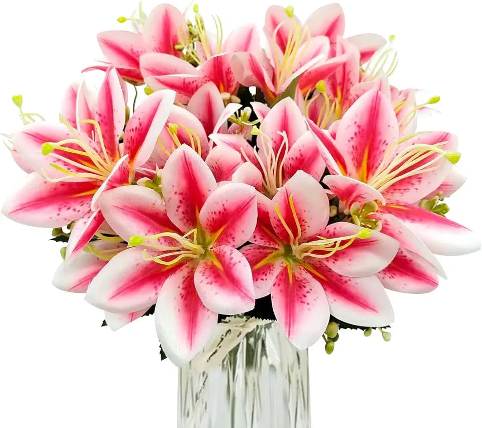 4 Bundles Artificial Tiger Lily Silk Flowers Faux Fake Lilies Plants for Wedding Bouquet Home Party Indoor Table Hotel Office Vases Floral Arrangements Outdoor Garden Decor (Rose Pink)