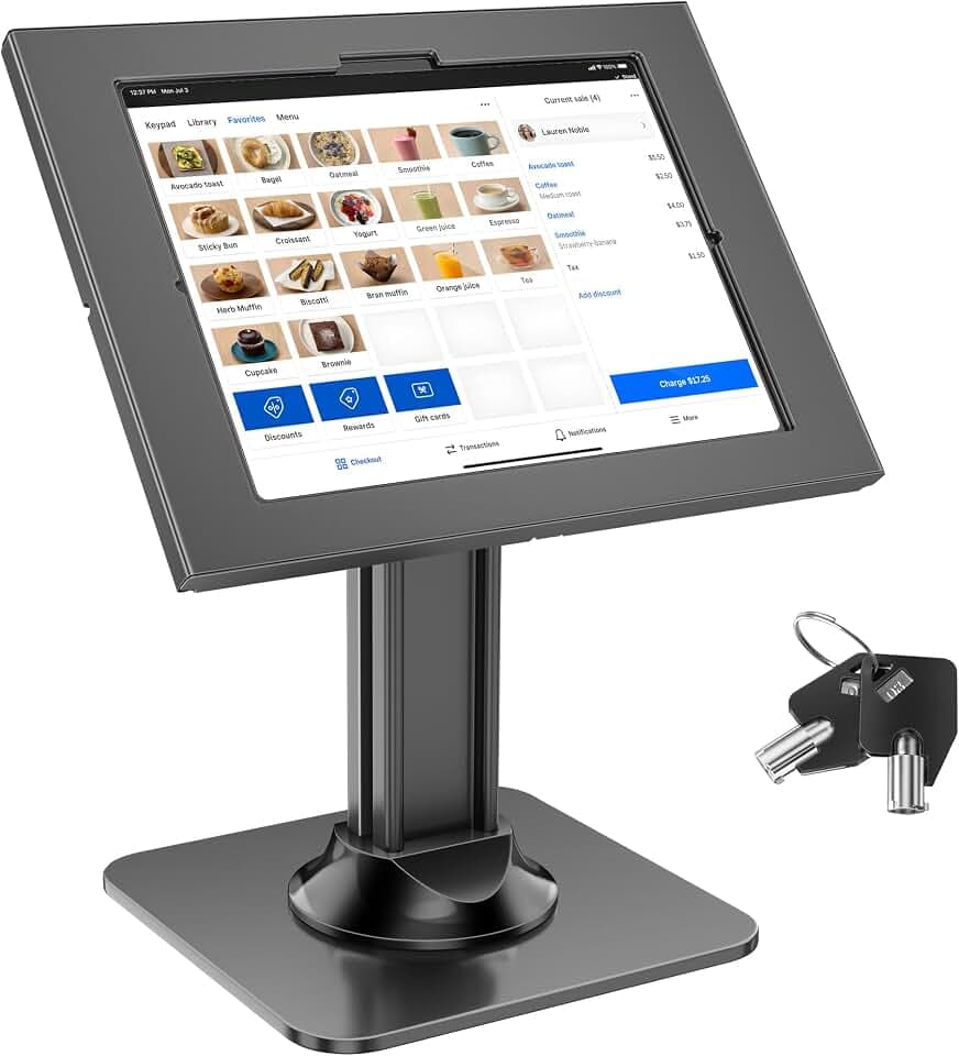 AboveTEK Anti-Theft iPad Kiosk Stand – POS iPad Security Mount with 360° Swivel & 75° Tilt, Heavy Duty Tablet Kiosk Desk Holder for Retail & Business POS Systems (Black)