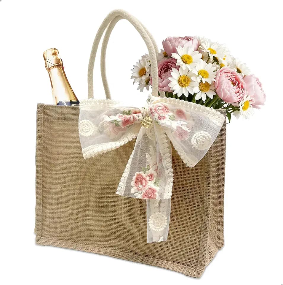 Jute Beutel, Tasche Shopper, Wiederverwendbare Taschen, Jute-Geschenktüten Mit, Tote Bag mit Schleife, Geschenke für Kollegen, Lehrer, Gute Freunde, Mütter und Großmütter